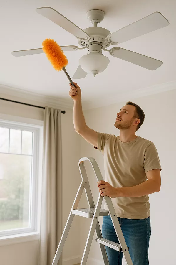“Person på stege rengör takfläktar och lampkupor med dammvippa – symboliserar noggrann städning av högt belägna ytor för ett rent och fräscht hem”