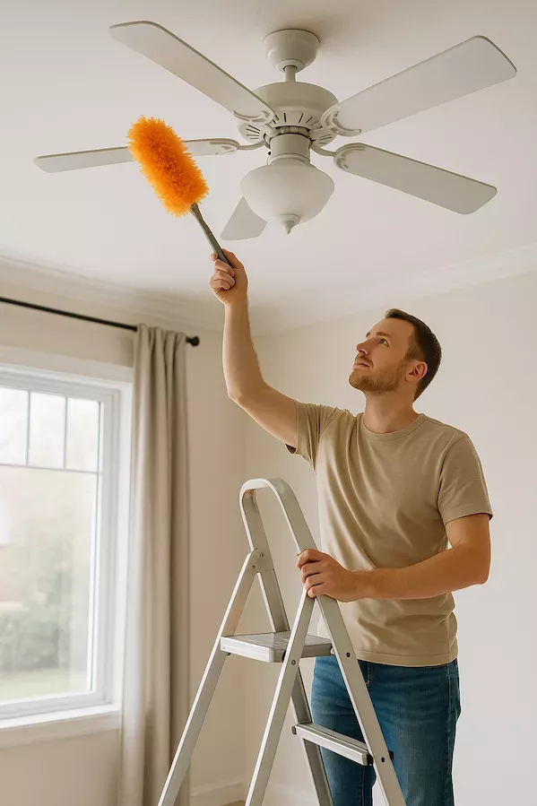 “Person på stege rengör takfläktar och lampkupor med dammvippa – symboliserar noggrann städning av högt belägna ytor för ett rent och fräscht hem”